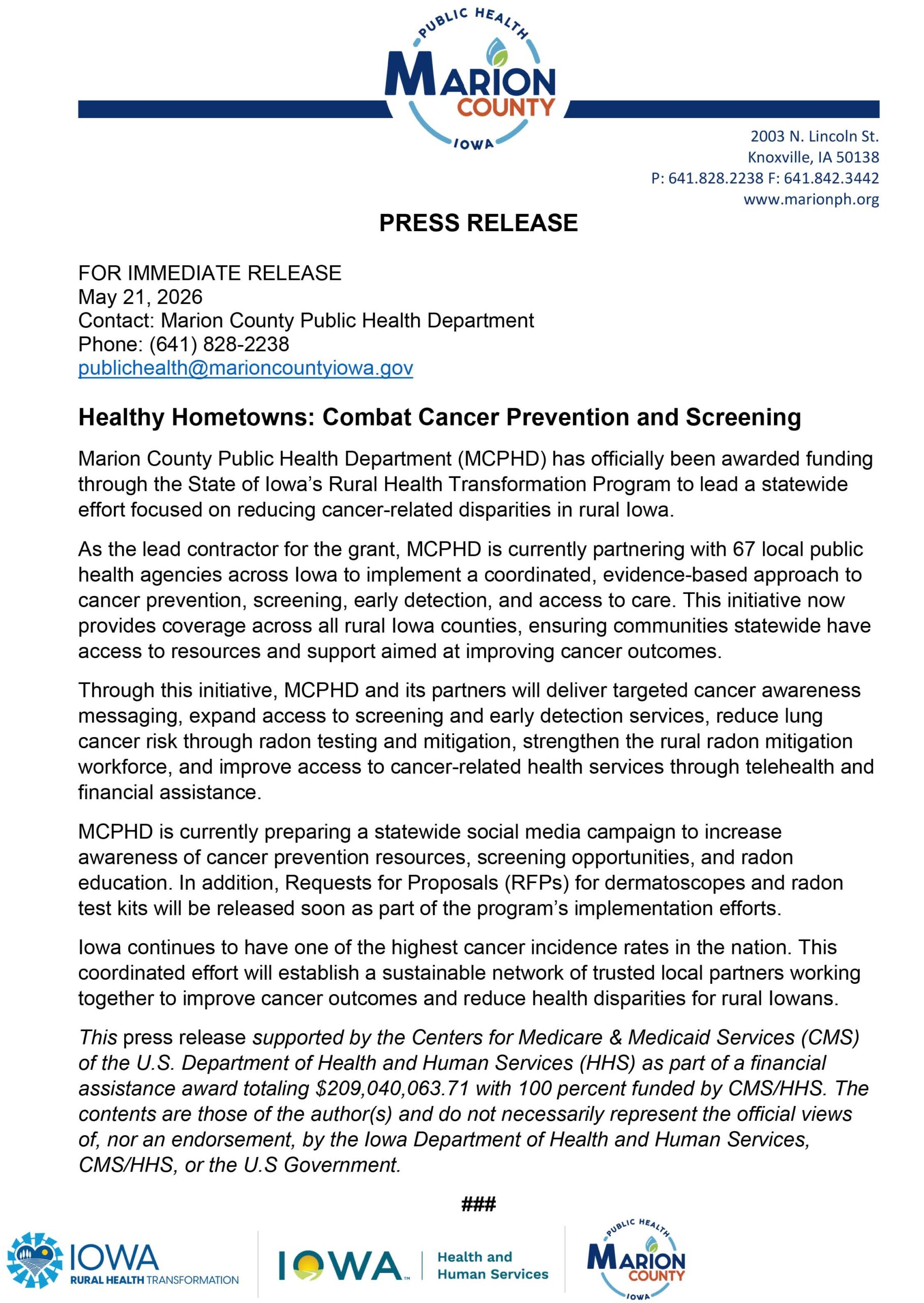 Healthy Hometowns Press Release 05.2026 - HHS approved